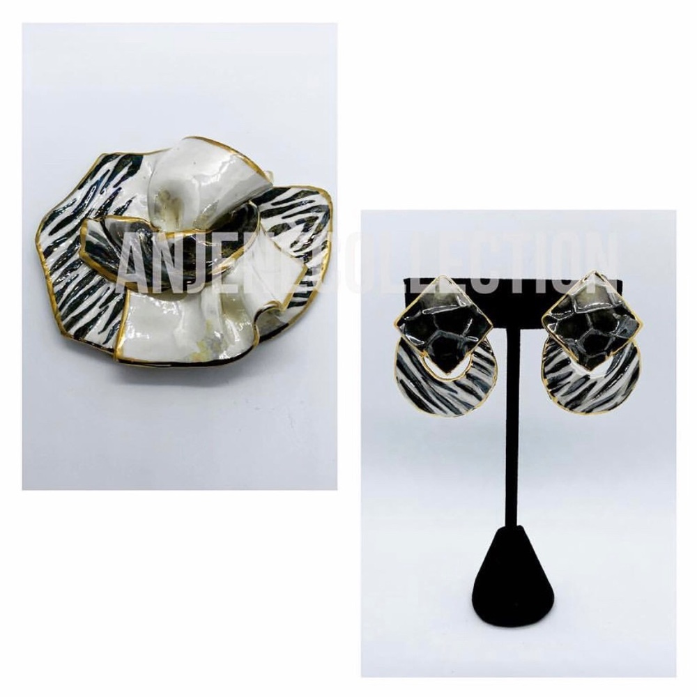 Rare handcrafted clip on earrings + brooch set